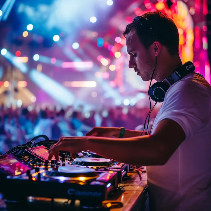 A candid close-up shot of a DJ adjusting equipment backstage at the Tomorrowland festival, capturing the excitement and anticipation in the air, with vibrant stage lights in the background creating a dynamic and colorful atmosphere, during a summer evening, shot with a Canon EOS-1D X Mark III, 50mm f/1.4 lens, vivid colors with a focus on the energy of the moment.