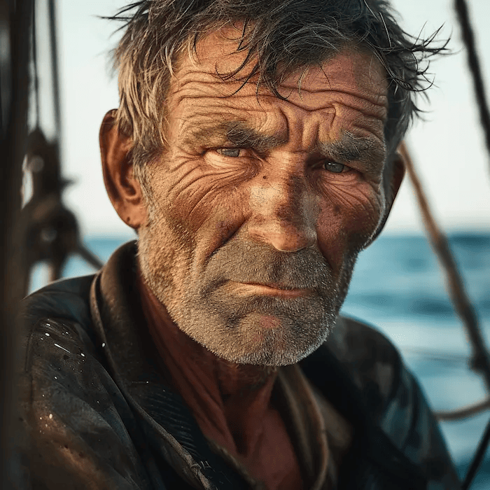 A close-up portrait shot of a weathered fisherman on his boat, his face marked by years of exposure to salt, wind, and water, capturing the rugged texture of his skin and the stoic expression, set against the backdrop of the open sea, under the bright midday sun, shot with a Nikon Z7 II, 85mm lens, natural color palette with emphasis on the harshness of the sea environment. --v 6.0 --style raw