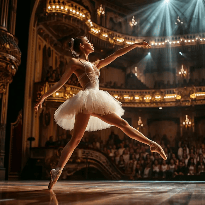 A low angle full-body shot of a ballerina performing a pirouette on stage in a sold-out theater, capturing her poise and grace against the backdrop of an ornate theater interior and an audience in soft focus, under the dramatic stage lighting that highlights her movement, shot with a Canon EOS-1D X Mark III, 70mm lens, vibrant colors with a focus on the contrast between the spotlight and the shadowed audience.