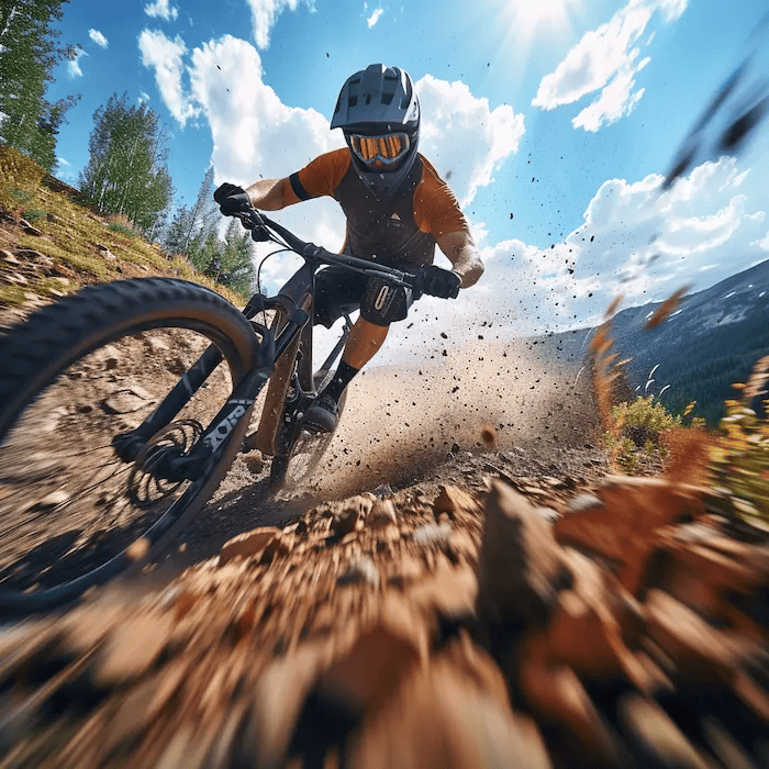 A low angle full-body shot of a mountain biker racing past the camera down a rugged mountain trail, capturing the sense of speed and adrenaline, with dirt flying in the air and the natural scenery blurring in the background, during a bright, sunny day, shot with a GoPro HERO9 Black, wide-angle lens, vibrant colors with enhanced motion blur to emphasize velocity.