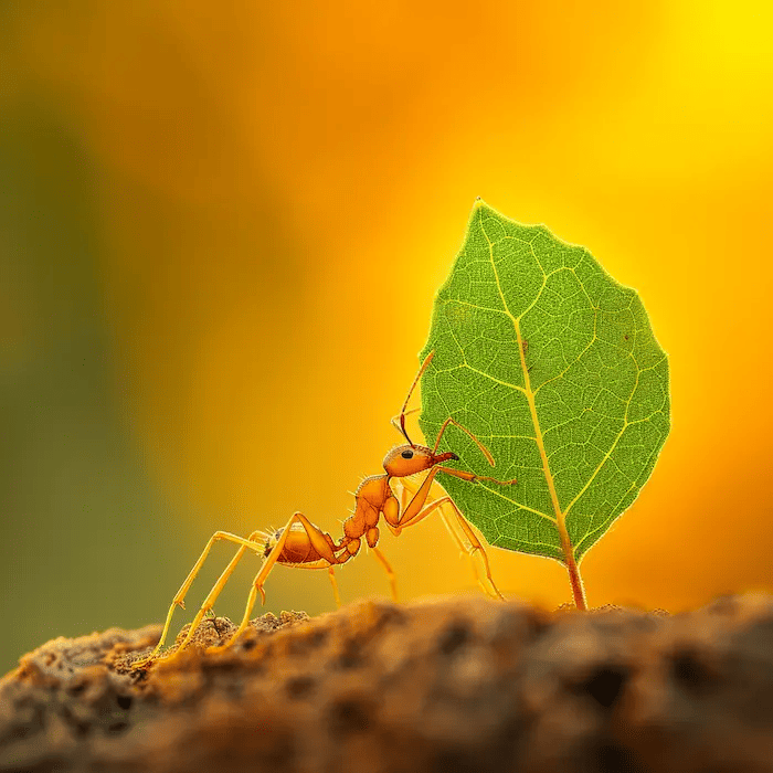 A macro shot of an ant carrying a leaf, showcasing the intricate details of the ant's form and the texture of the leaf, set against a vividly colored natural background that highlights the strength and determination of this tiny creature, shot with a Canon EOS-1D X Mark III, macro lens for an extreme close-up detail, vibrant and lively colors to emphasize the dynamic natural environment.