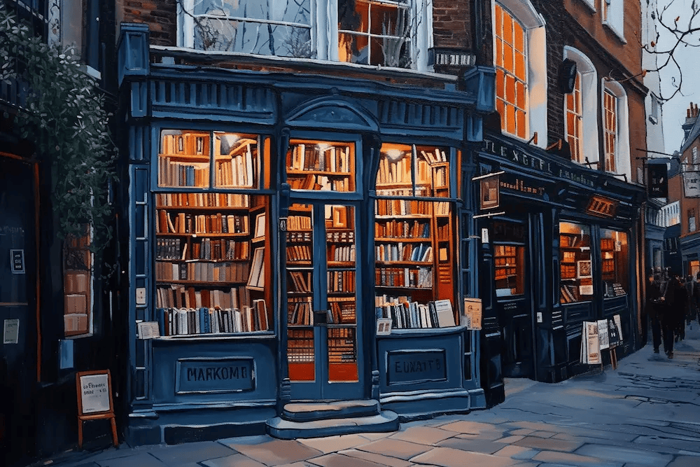A painting of a boutique bookstore in London street, inspired by surrealism art style --ar 3:2