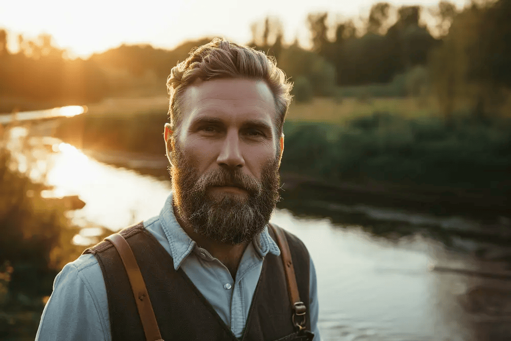 a portrait of a 40 year old bearded man with short, blonde hair and an overall suit, standing in front of a river, golden hour, soft color --ar 3:2 --style raw