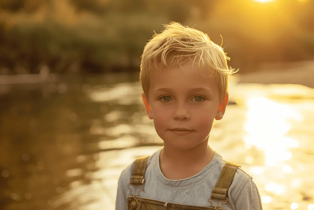 a portrait of a young boy with short, blonde hair in an overall suit, standing in front of a river, golden hour, soft color --ar 3:2