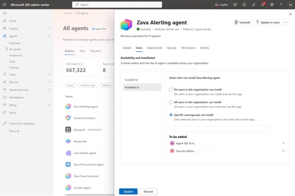 Configuración de disponibilidad de un agente para grupos concretos, como administradores de IA o seguridad.