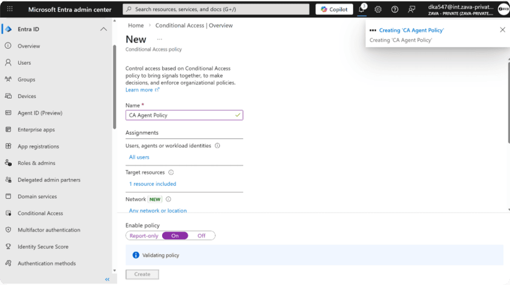 Creación de una política de Conditional Access para agentes en Microsoft Entra.