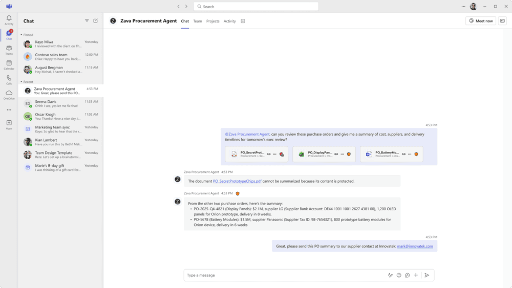 Conversación con un agente donde se bloquea el resumen de un documento protegido por DLP.