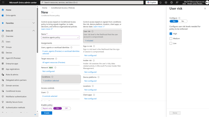 Política de Conditional Access basada en riesgo para agentes.