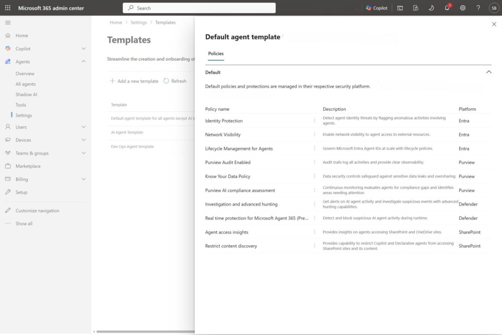 Plantilla de políticas con configuraciones de Entra, Purview, Defender y SharePoint.