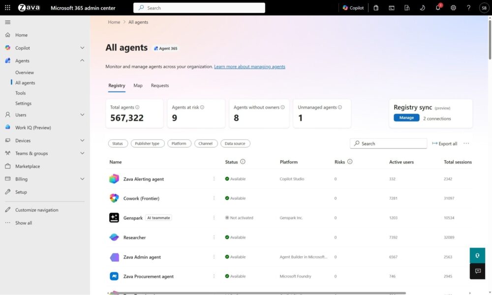 Vista del registro de Agent 365 con listado de agentes, filtros, buscador y tarjetas de recuento.