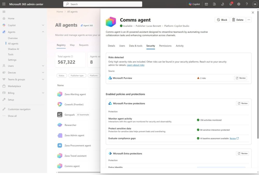 Detalles de seguridad de un agente con flags de riesgo identificados por Microsoft Purview.