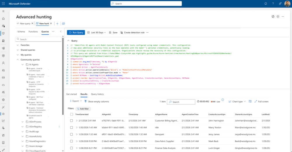 Consulta de Advanced Hunting en Microsoft Defender.