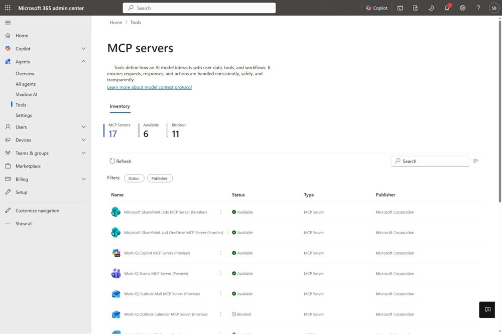 Panel de Tools Management con listado de servidores MCP.