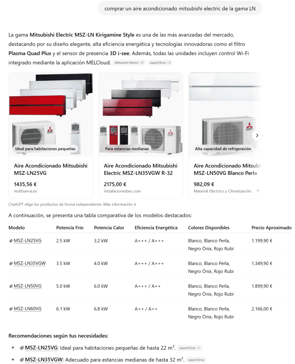 Buscar en ChatGPT: comprar un aire acondicionado mitsubishi electric de la gama LN