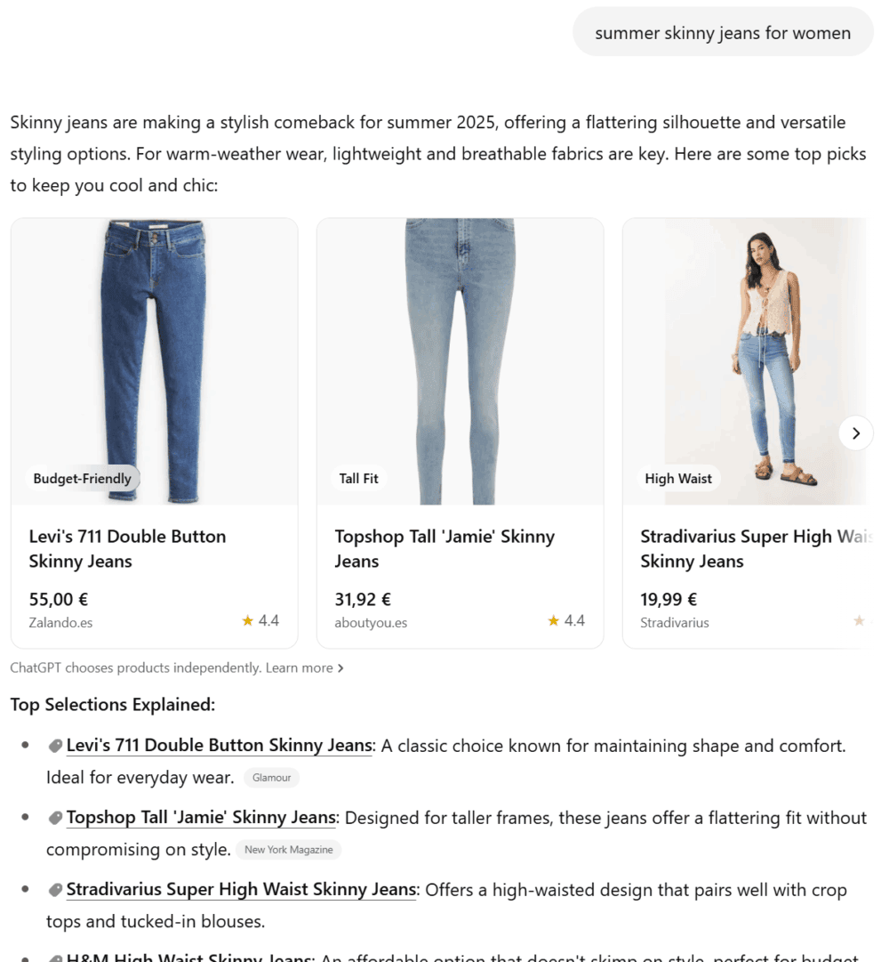 Búsqueda de producto: "summer skinny jeans for women" en ChatGPT 4o
