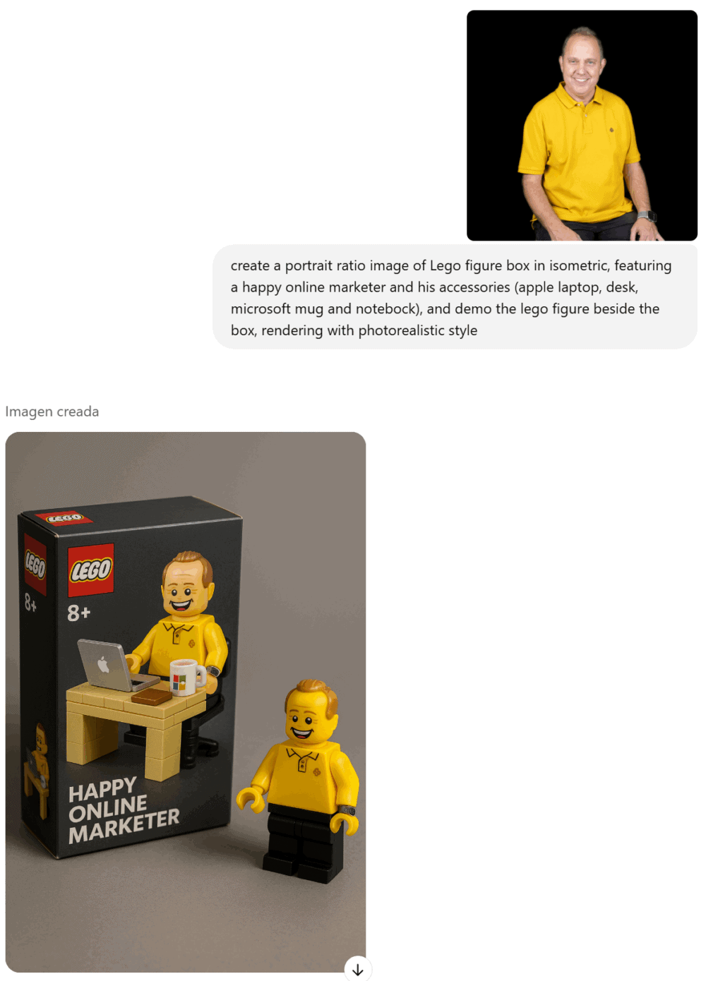 create a portrait ratio image of Lego figure box in isometric, featuring a happy online marketer and his accessories (apple laptop, desk, microsoft mug and notebock), and demo the lego figure beside the box, rendering with photorealistic style