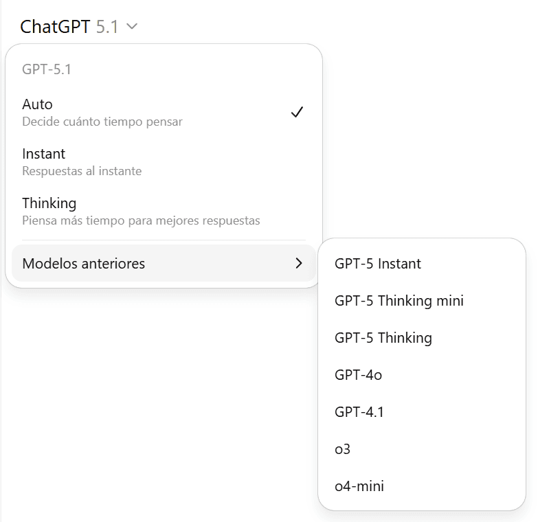 Modelos disponibles en ChatGPT.com - 13 de noviembre de 2025