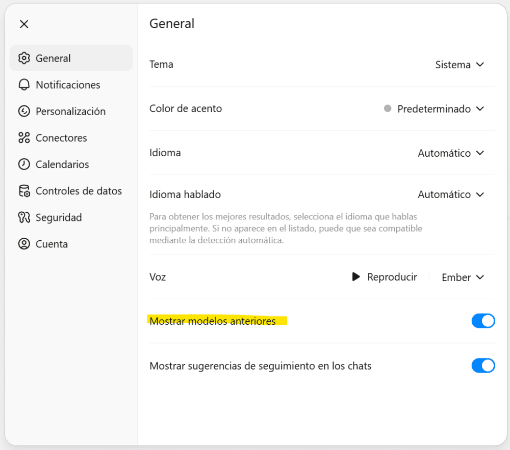 CONFIGURACIÓN / GENERAL / Mostrar modelos anteriores