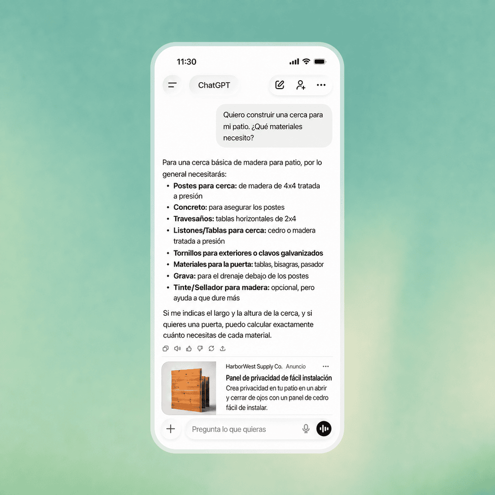 Anúnciate en ChatGPT
Llega a las personas mientras exploran opciones, comparan alternativas y toman decisiones en ChatGPT, con anuncios relevantes que se integran de forma natural en la experiencia.