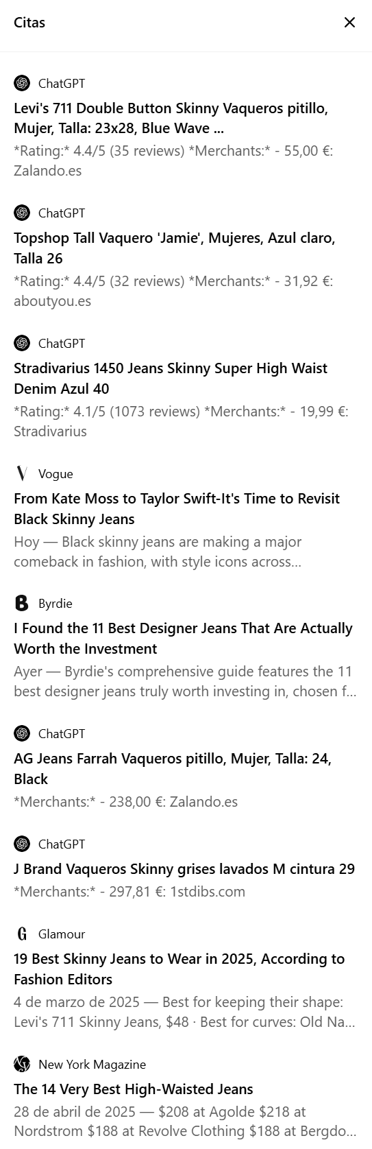 Fuentes de la búsqueda de producto: "summer skinny jeans for women" en ChatGPT 4o
