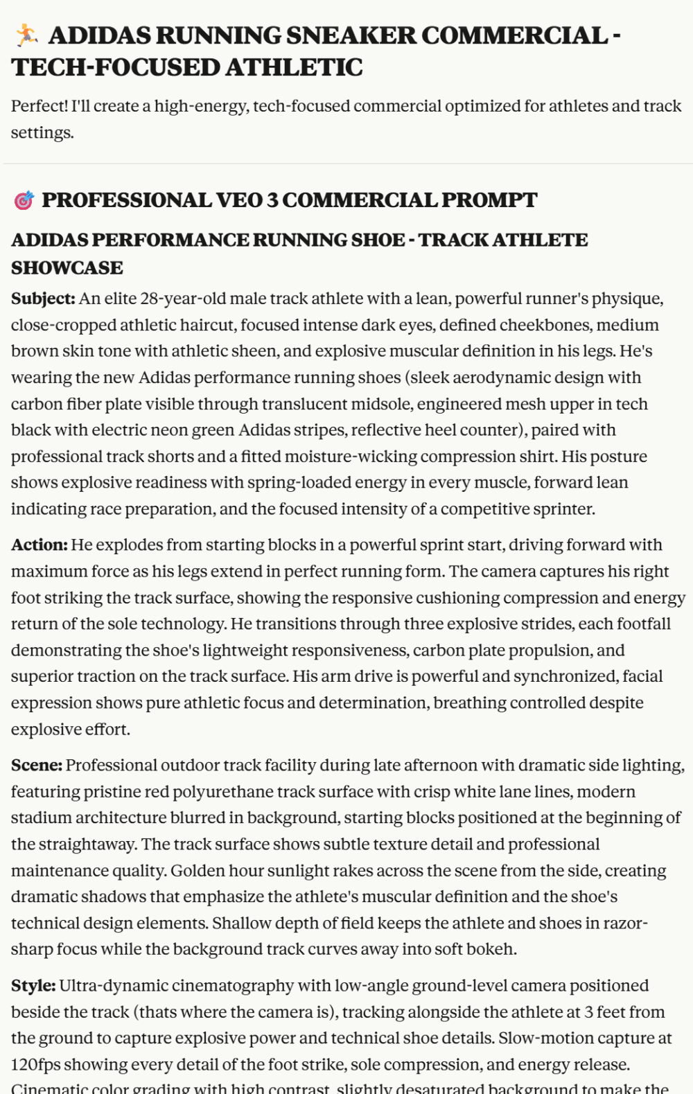 Ejemplo de prompt creado en Claude con el VEO3 Meta Framework