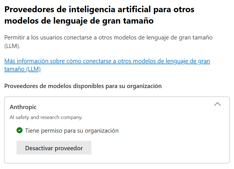 Centro de administración de Microsoft 365 - COPILOT - Configuración - Acceso a datos - Proveedores de inteligencia artificial para otros modelos de lenguaje de gran tamaño