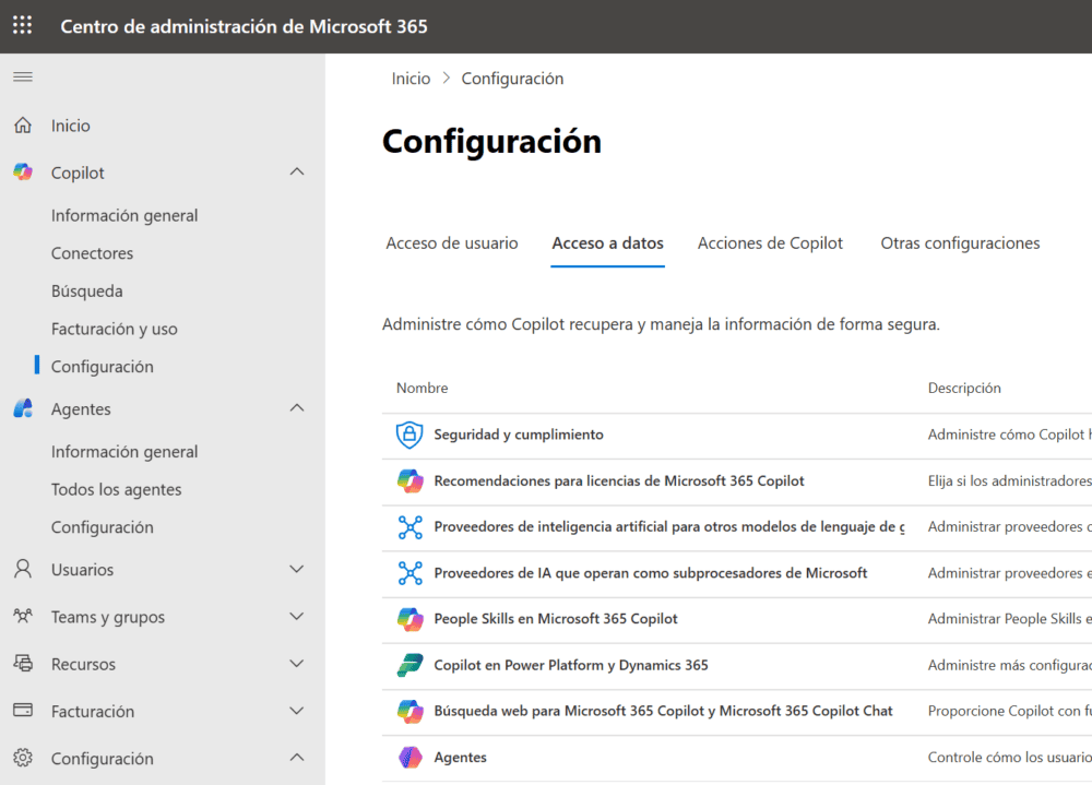 Centro de administración de Microsoft 365 - COPILOT - Configuración - Acceso a datos