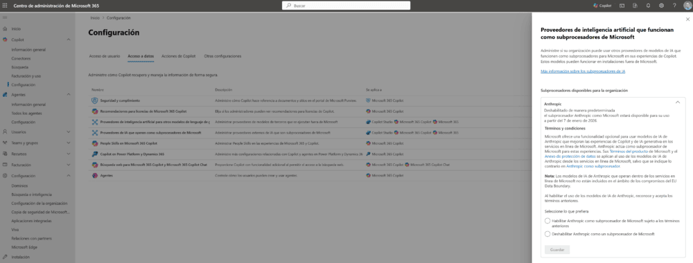 Centro de administración de Microsoft 365 - COPILOT - Configuración - Acceso a datos - Administrar proveedores externos de IA que son subprocesadores de Microsoft
