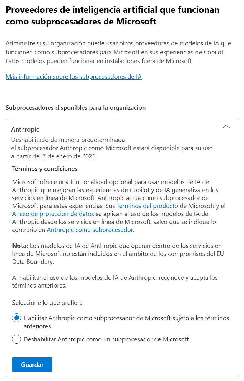 Centro de administración de Microsoft 365 - COPILOT - Configuración - Acceso a datos - Administrar proveedores externos de IA que son subprocesadores de Microsoft - HABILITAR ANTHROPIC