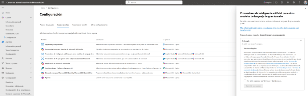 Centro de administración de Microsoft 365 - COPILOT - Configuración - Acceso a datos - Proveedores de inteligencia artificial para otros modelos de lenguaje de gran tamaño