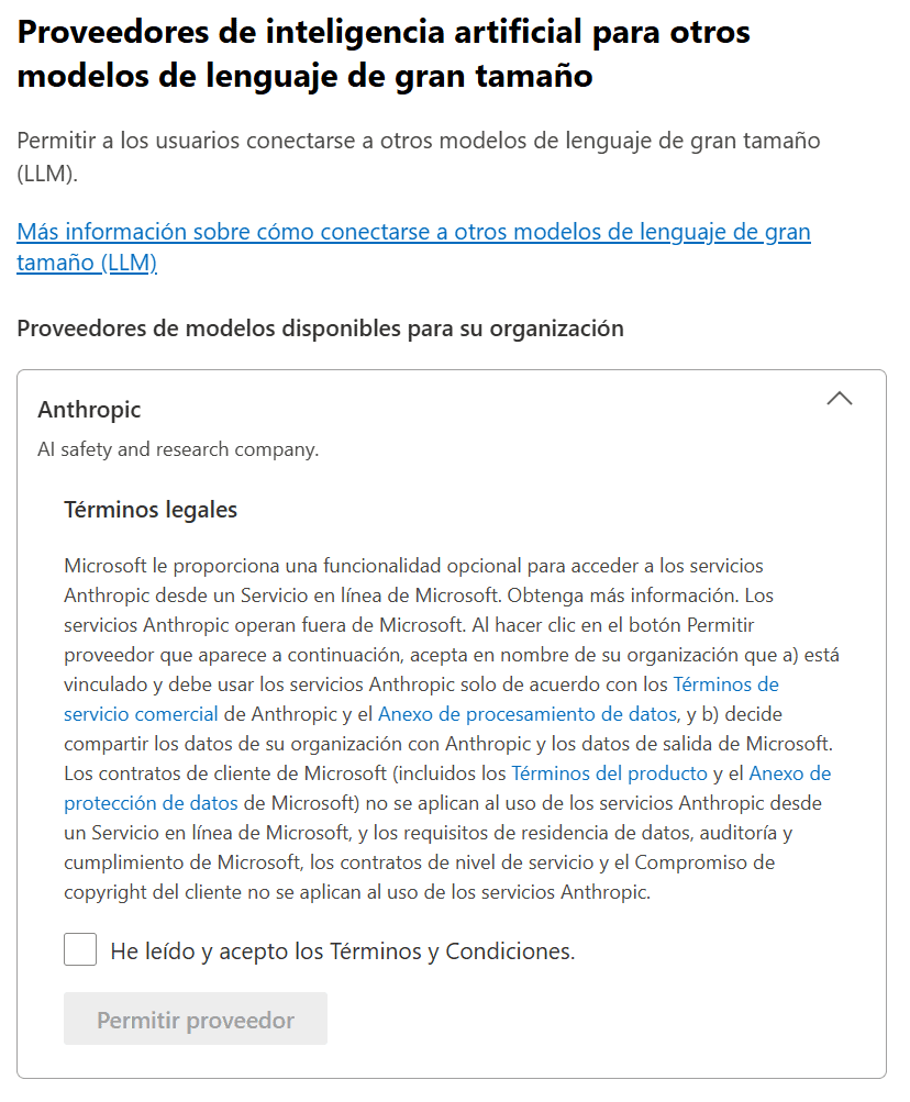Centro de administración de Microsoft 365 - COPILOT - Configuración - Acceso a datos - Proveedores de inteligencia artificial para otros modelos de lenguaje de gran tamaño