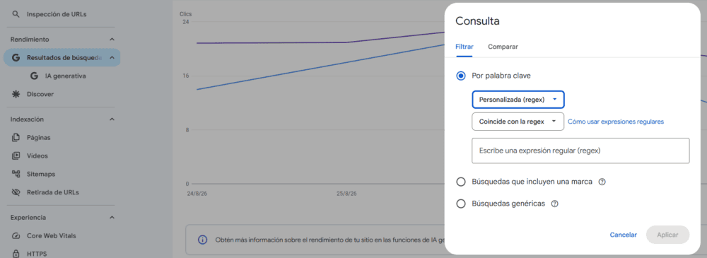 Rendimiento → Consultas → Añadir filtro → Consulta → Personalizado (regex) → Coincide con la expresión regular