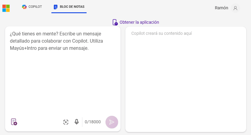Vista de bloc de notas de Copilot con diseño a dos columnas