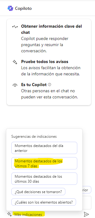 Copilot para Teams - Más indicaciones - Momentos destacados de los últimos 7 días