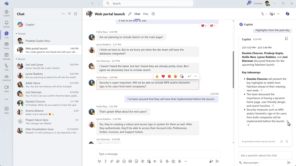 Al hacer clic en una cita del resumen, Copilot te lleva al lugar del chat donde está el mensaje.