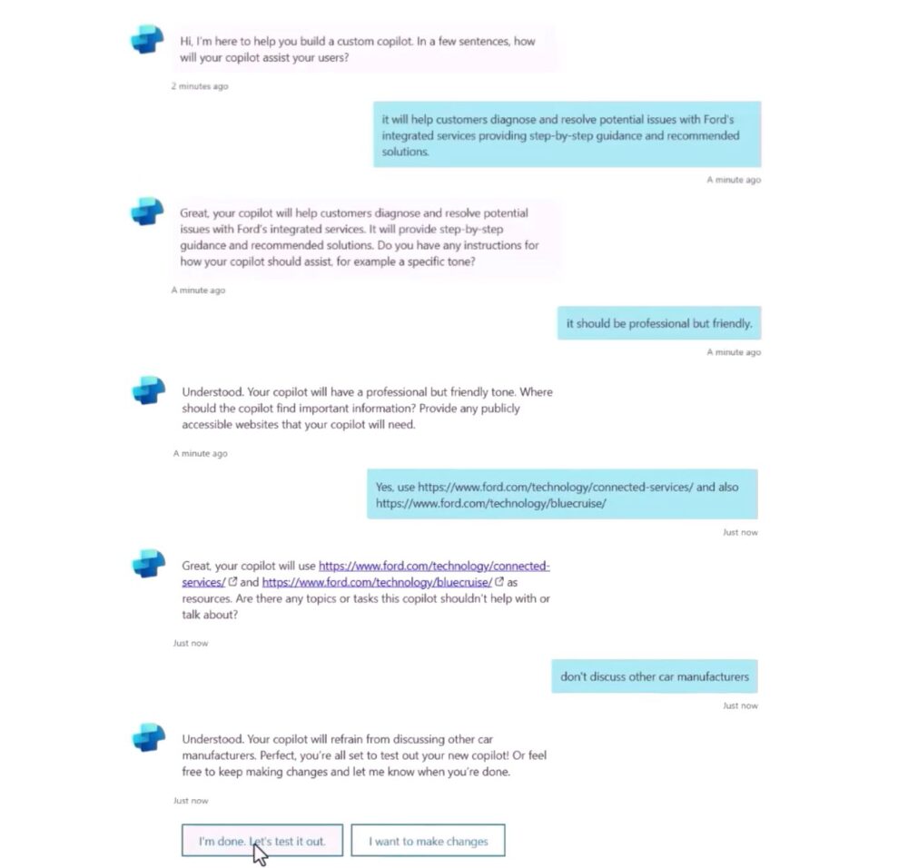 Puedes utilizar Copilot para describir el Copilot que quieres crear.