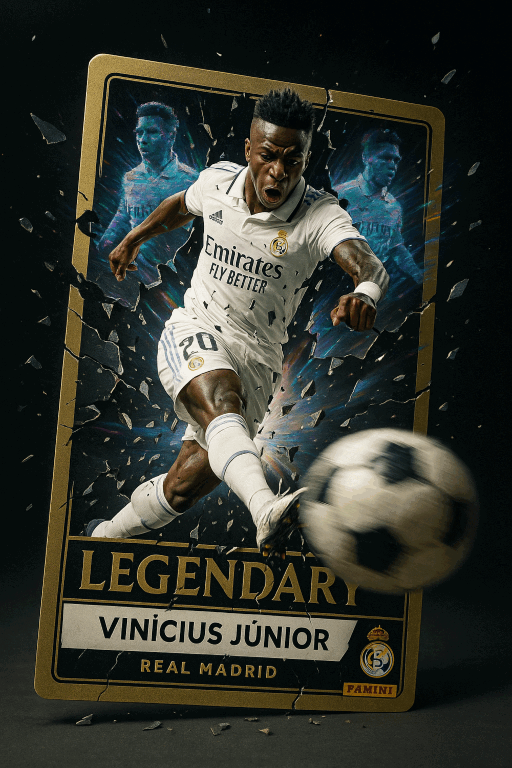 Generate a portrait ratio image with this prompt A professional studio photo Panini soccer card featuring football legend Lionel Messi wearing his iconic Argentina blue and white striped jersey. In a dramatic moment, Messi kicks the ball with force, breaking through the boundary of the card—shattering it into fragments. The card explodes into reality as Messi emerges from the 2D surface into the 3D world. In the foreground, a football spins at high speed, blurring toward the viewer. The background reveals the torn remains of the card against a dark backdrop, while radiant aurora-like light beams burst outward from the broken card, creating a surreal and powerful dimensional crossover effect.