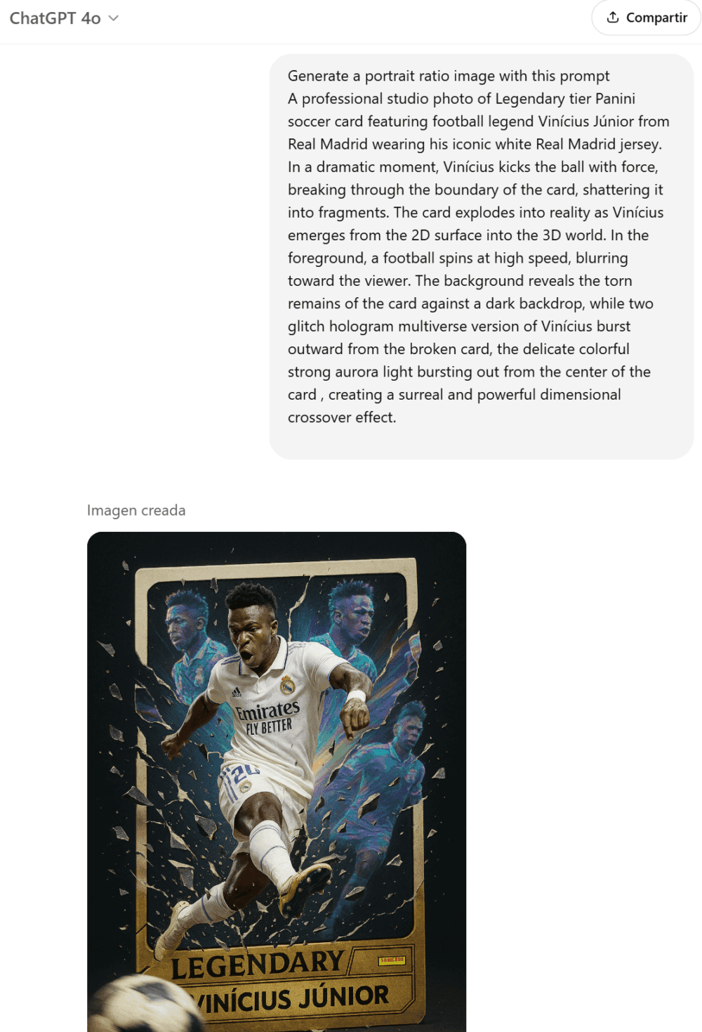 Generate a portrait ratio image with this prompt
A professional studio photo of Legendary tier Panini soccer card featuring football legend Vinícius Júnior from Real Madrid wearing his iconic white Real Madrid jersey. In a dramatic moment, Vinícius kicks the ball with force, breaking through the boundary of the card, shattering it into fragments. The card explodes into reality as Vinícius emerges from the 2D surface into the 3D world. In the foreground, a football spins at high speed, blurring toward the viewer. The background reveals the torn remains of the card against a dark backdrop, while two glitch hologram multiverse version of Vinícius burst outward from the broken card, the delicate colorful strong aurora light bursting out from the center of the card , creating a surreal and powerful dimensional crossover effect.