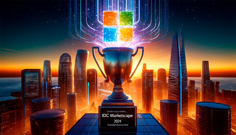 Imagen generada por DALL·E con el prompt: "Wide aspect ratio In the IDC MarketScape Worldwide SaaS and Cloud-Enabled Small Business ERP Applications 2024 vendor assessment, Micorsoft has been recognized as a leader!"