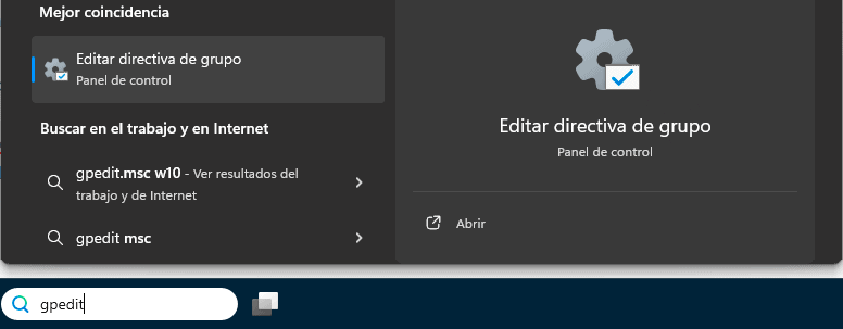 Haz clic en Inicio y abre el editor de directivas de grupo