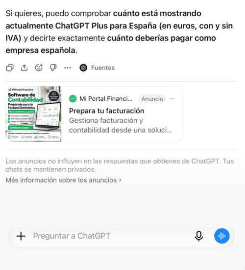 Ejemplo de anuncio en ChatGPT