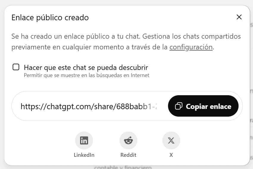 Creación de enlace público en ChatGPT