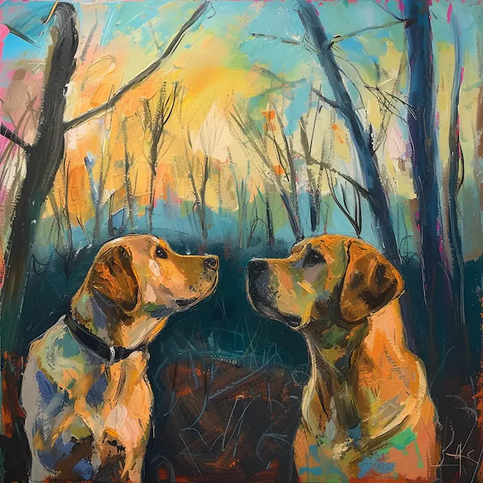 Expressionistic style painting of dogs and trees painted with pastel color --stylize 100