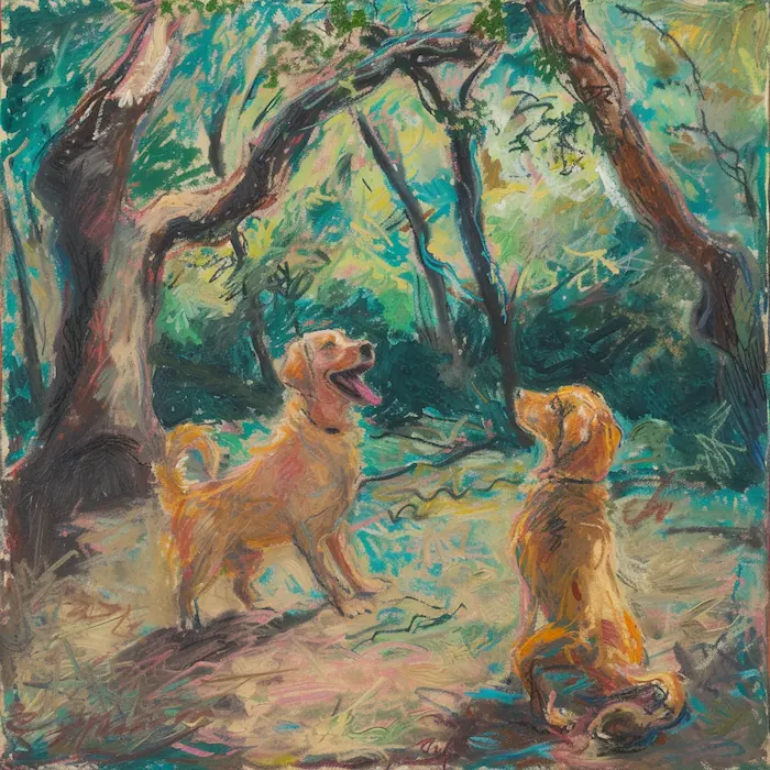 Expressionistic style painting of dogs and trees painted with pastel color --stylize 1000