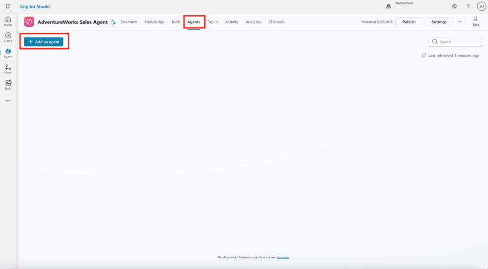 Captura de pantalla mostrando el primer paso para añadir agentes en Copilot Studio