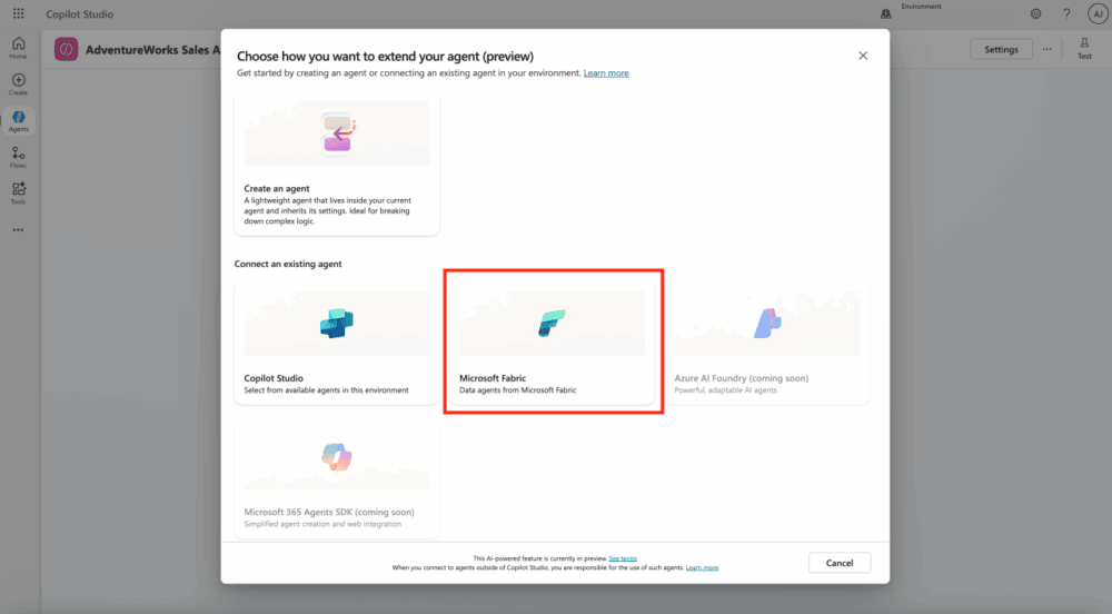 Captura de pantalla mostrando Fabric como categoría de agentes conectados