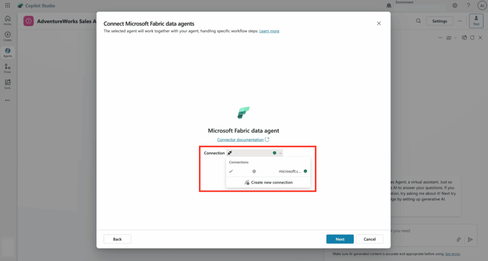 Captura de pantalla mostrando cómo añadir el conector de Fabric a Copilot Studio