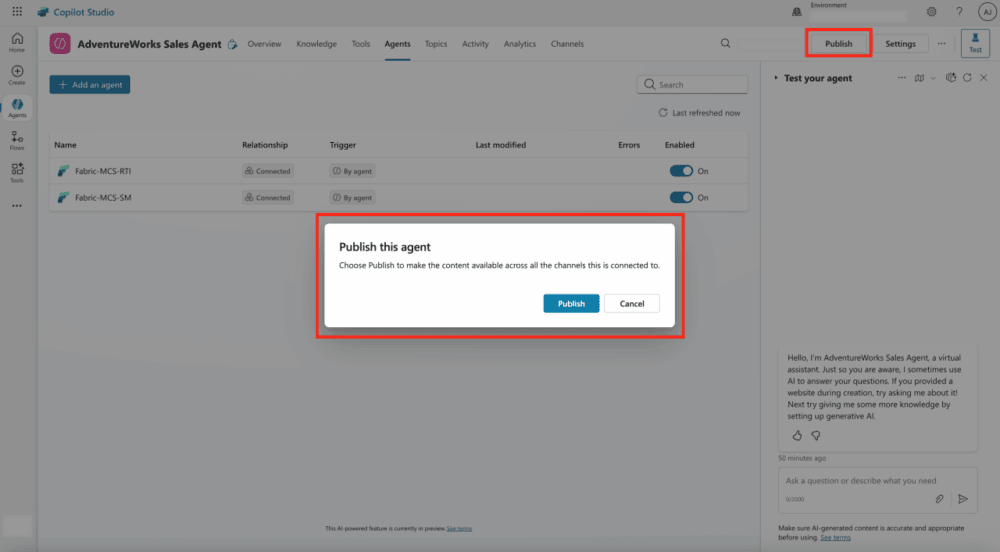 Captura de pantalla mostrando cómo publicar el agente personalizado