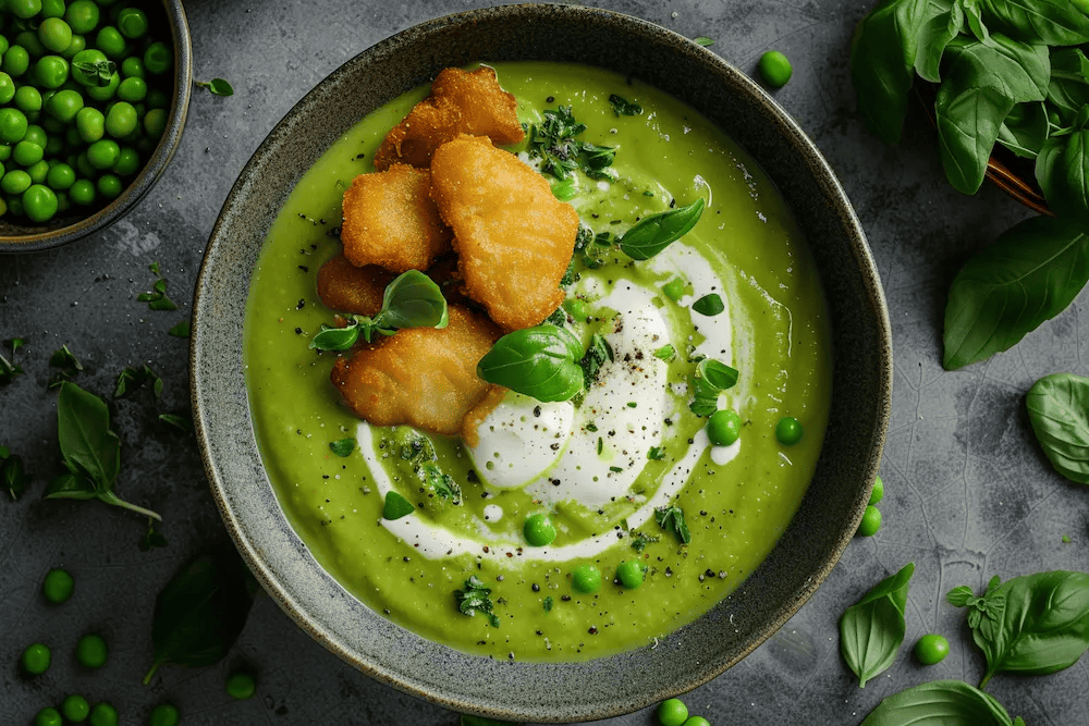 Food Photography of a creamy pea soup. The pea soup comes with a swirl of fresh cream sitting in the middle of the bowl, topped with crispy fried fish bites and a sprinkle of basil, a bowl of fresh peas on the left, herbs on the right. High angle shot inspired by editorial food photography --ar 3:2