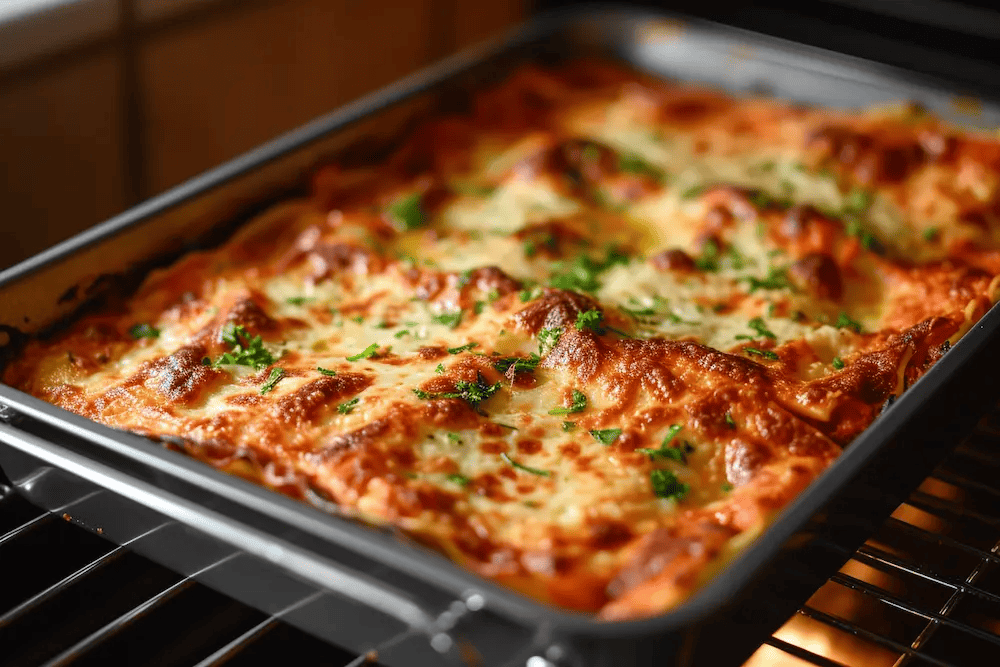 food photography of vegan lasagne in the oven with melting cheese on top --ar 3:2 --style raw